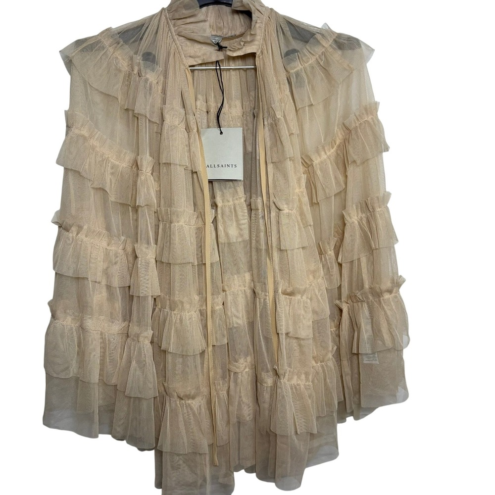 AllSaints Aude Ruffle Cape Blush Pink Sheer Mesh Tiered Wrap W018PD OSFA